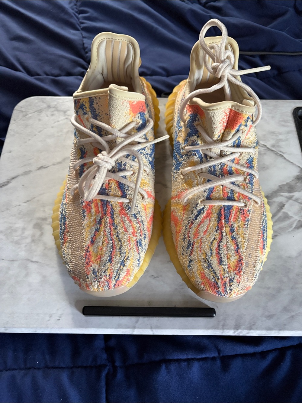 Yeezy 350’s Multicolor Knit Sneakers with Yellow Sole